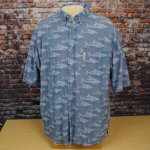 Vintage Columbia Button Down Camp Shark Print Shirt Short Sleeve Mens L Large